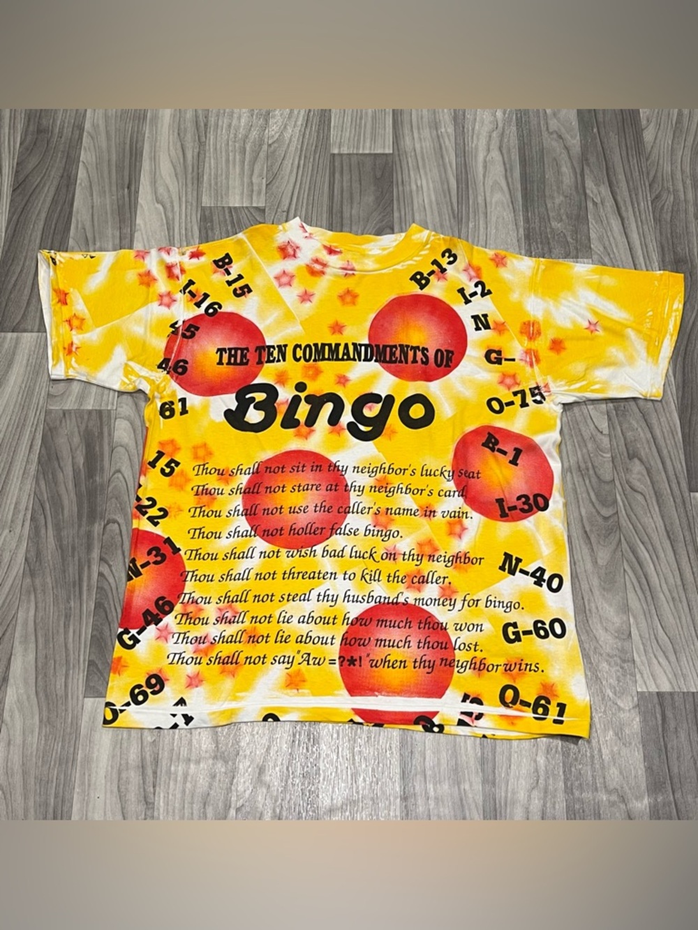SZ XL VTG 90’s BINGO ALL OVER PRINT 10 COMMANDMENTS LOTTERY SINGLE STITCH TEE
